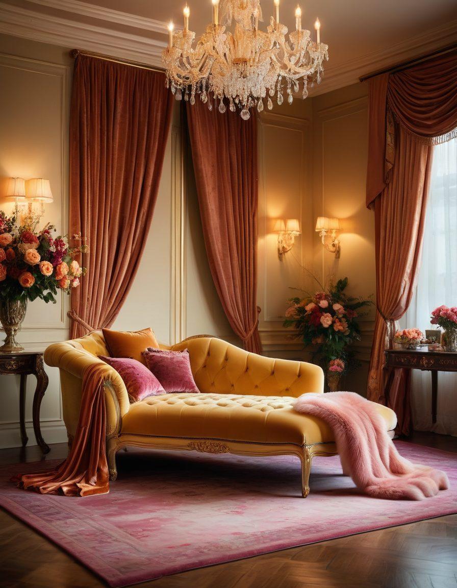 A luxurious bedroom adorned with soft lighting and elegant fabrics, featuring a display of exquisite lingerie pieces on a plush velvet chaise lounge. Surrounding the setting are delicate floral arrangements and shimmering accessories that evoke charm and sophistication. Rich textures and colors create an inviting ambience, hinting at both intimacy and opulence. super-realistic. vibrant colors. soft focus.