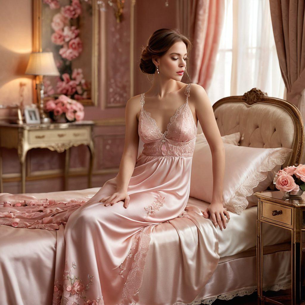 A sophisticated and elegant scene showcasing an array of intimate fashion pieces laid out on luxurious silk fabrics, with soft, warm lighting highlighting delicate lace and rich textures. Include a stylish mannequin dressed in an alluring nightgown, accessorized with pearls and soft rose petals scattered around. The background should feature a tastefully decorated boudoir setting, enhancing the theme of sensuality. super-realistic. warm colors. elegant atmosphere.